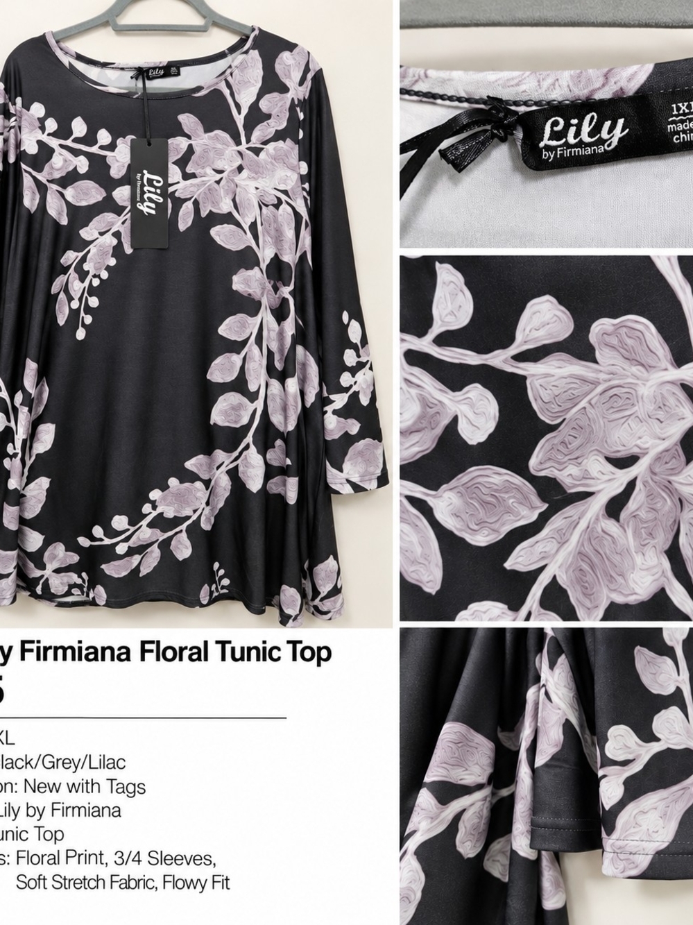 Black Floral Tunic Top with Lilac Print